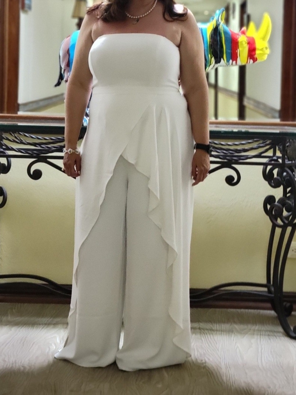 City Chic Ivory Strapless Wide-Leg Jumpsuit with Draped Overlay